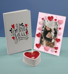 BK Gift Sevgililere Özel Beyaz Defter Dekoratif Çerçeve ve Kalp Taş Obje Kokulu Mum Hediye Seti-13, Sevgiliye Hediye, Sevgililer Günü
