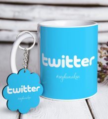Kişiye Özel Twitter Beyaz Kupa ve Anahtarlık Hediye Seti