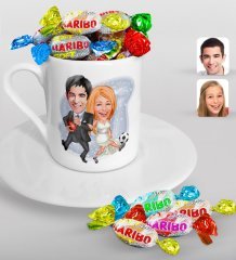 Kişiye Özel Sevgililer Karikatürlü Türk Kahvesi Fincanı ve Haribo Şeker Hediye Seti-15