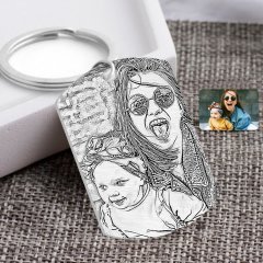 Kişiye Özel Tam Boy Karakalem Anne ve Kız Karikatürlü Pleksi Anahtarlık-1