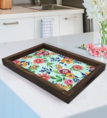 BK Gift Çiçekler Tasarımlı Doğal Ahşap Tepsi-5