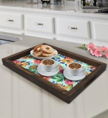 BK Gift Çiçekler Tasarımlı Doğal Ahşap Tepsi-5