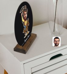 Kişiye Özel Kovboy Karikatürlü Yuvarlak Ahşap Biblo-2