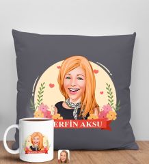 BK Gift Kişiye Özel Karikatürlü Anneler Günü Tasarımlı Antrasit Kırlent Yastık ve Kupa Seti, Anneye Hediye, Ev Dekorasyonu, Anneler Günü Hediyesi-6