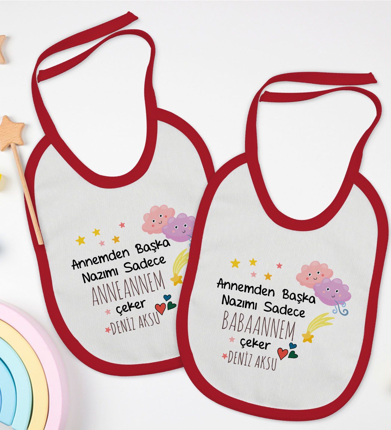 BK Kids Kişiye Özel Anneanne ve Babaanne Tasarımlı 2’li Kırmızı Mama Önlüğü-1