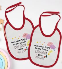 BK Kids Kişiye Özel Anneanne ve Babaanne Tasarımlı 2’li Kırmızı Mama Önlüğü-1
