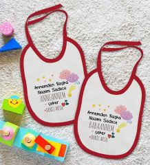 BK Kids Kişiye Özel Anneanne ve Babaanne Tasarımlı 2’li Kırmızı Mama Önlüğü-1