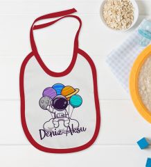 BK Kids Kişiye Özel Sevimli Astronot Tasarımlı Kırmızı Bebek Mama Önlüğü-2