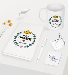 Kişiye Özel Kraliçe Annem Beyaz Defter Kalem Kupa Ayna Seti
