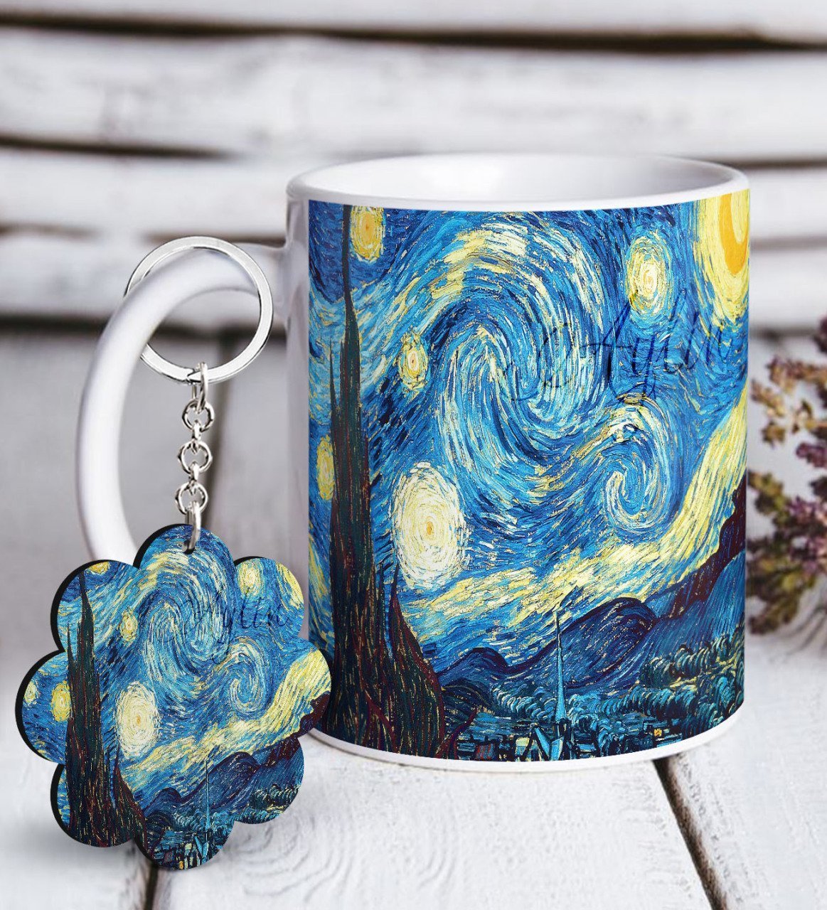 Kişiye Özel The Starry Night Vincent Van Gogh Beyaz Kupa ve Anahtarlık Hediye Seti