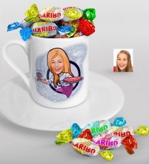 Kişiye Özel Bayan Garson Karikatürlü Türk Kahvesi Fincanı ve Haribo Şeker Hediye Seti-1