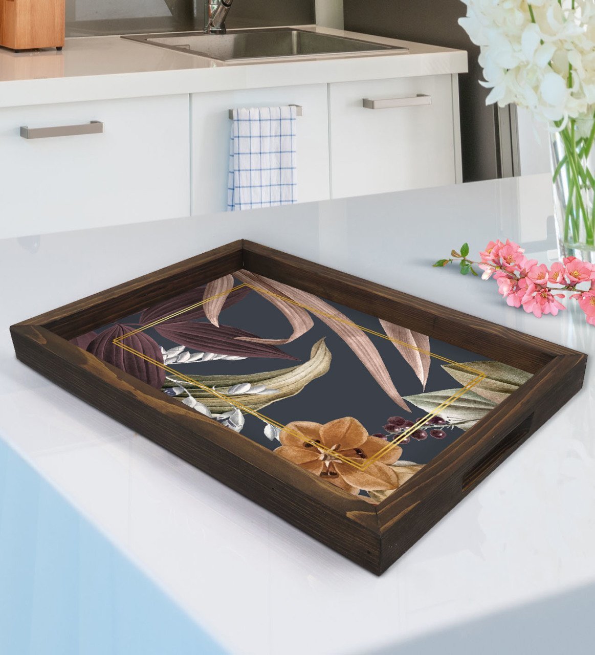 BK Gift Çiçekler Tasarımlı Doğal Ahşap Tepsi-4
