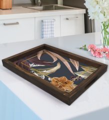 BK Gift Çiçekler Tasarımlı Doğal Ahşap Tepsi-4