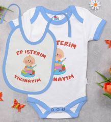 BK Kids Ep İsterim Tasarımlı Mavi Bebek Body Zıbın ve Mama Önlüğü Hediye Seti-5