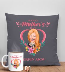 BK Gift Kişiye Özel Karikatürlü Anneler Günü Tasarımlı Antrasit Kırlent Yastık ve Kupa Seti, Anneye Hediye, Ev Dekorasyonu, Anneler Günü Hediyesi-5