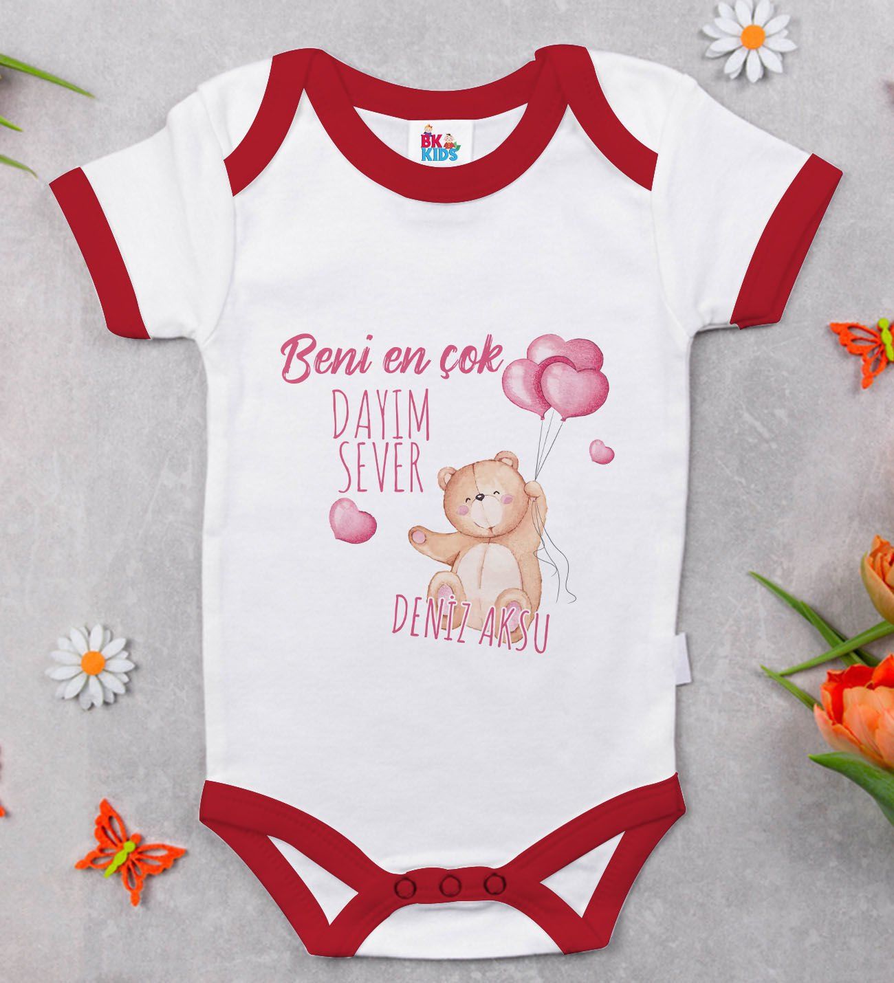BK Kids Kişiye Özel Beni En Çok Dayım Sever Tasarımlı Kırmızı Bebek Body Zıbın-1