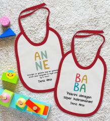 BK Kids Kişiye Özel Anne ve Baba Tasarımlı 2’li Kırmızı Mama Önlüğü-5