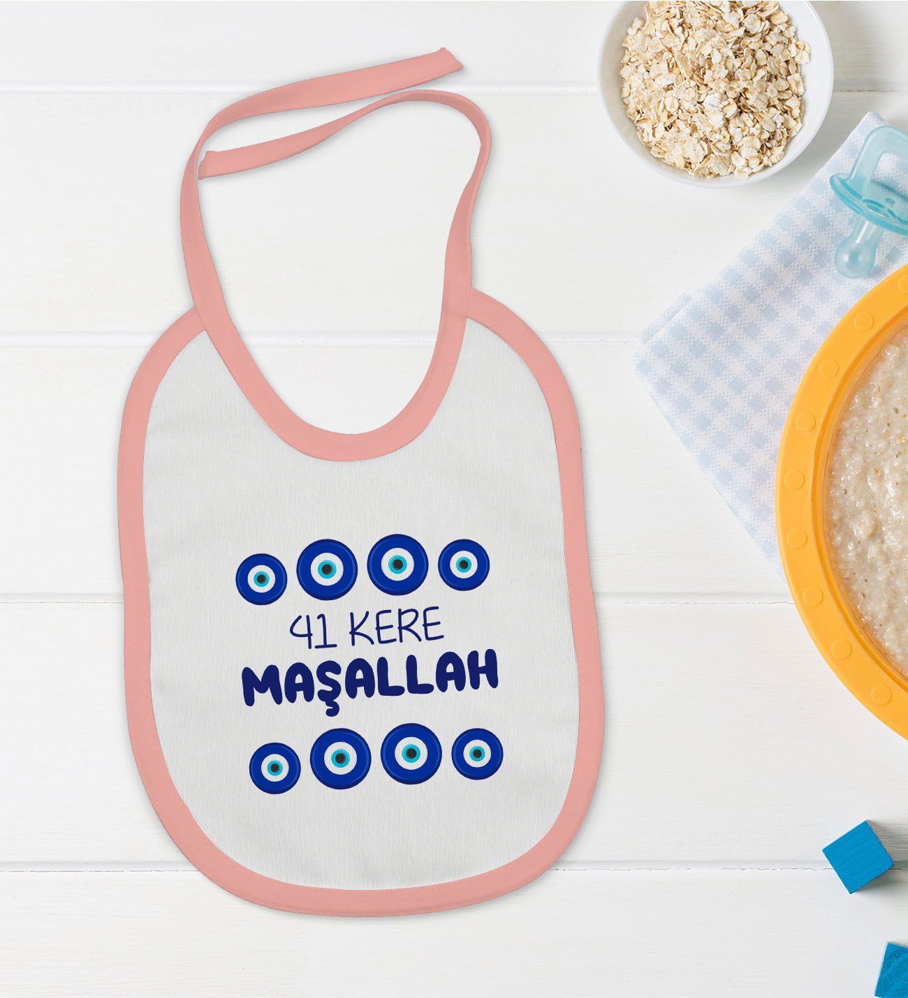 BK Kids Maşallah Tasarımlı Pembe Bebek Mama Önlüğü-2