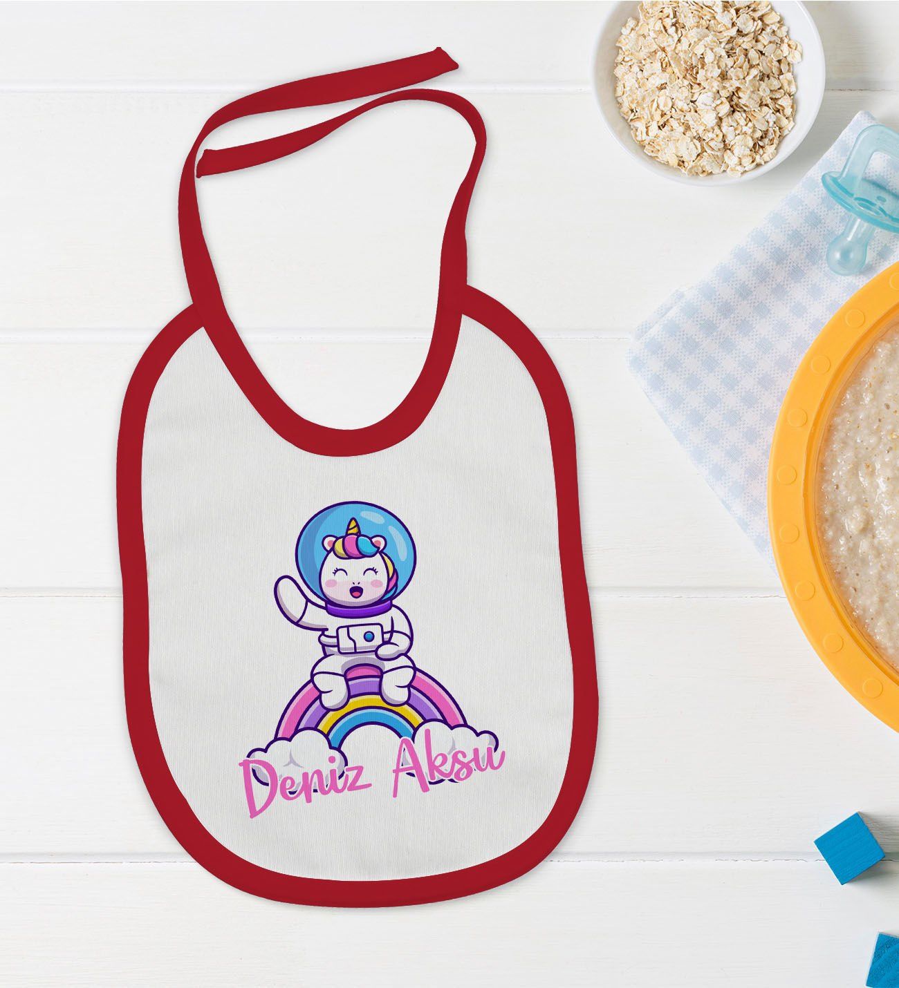 BK Kids Kişiye Özel Sevimli Astronot Tasarımlı Kırmızı Bebek Mama Önlüğü-1