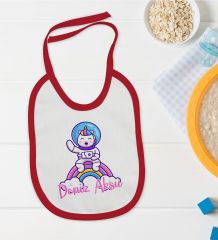 BK Kids Kişiye Özel Sevimli Astronot Tasarımlı Kırmızı Bebek Mama Önlüğü-1