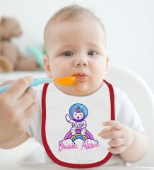 BK Kids Kişiye Özel Sevimli Astronot Tasarımlı Kırmızı Bebek Mama Önlüğü-1