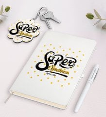 Kişiye Özel Süper Öğretmen Beyaz Defter Kalem ve Anahtarlık Hediye Seti
