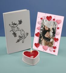 BK Gift Sevgililere Özel Beyaz Defter Dekoratif Çerçeve ve Kalp Taş Obje Kokulu Mum Hediye Seti-11, Sevgiliye Hediye, Sevgililer Günü