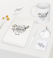 Kişiye Özel Kaligrafi Annem Beyaz Defter Kalem Kupa Ayna Seti