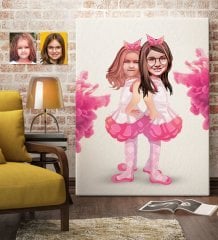 Kişiye Özel Kız Kardeşler Karikatürlü Kanvas Tablo 70x100cm-3