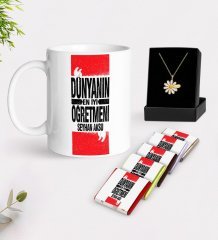 Kişiye Özel Dünyanın En İyi Öğretmeni Beyaz Kupa Çikolata ve İsimli Papatya Kolye Hediye Seti-1