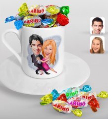 Kişiye Özel Sevgililer Karikatürlü Türk Kahvesi Fincanı ve Haribo Şeker Hediye Seti-13