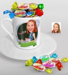 Kişiye Özel Bayan En İyi Öğretmen Karikatürlü Türk Kahvesi Fincanı ve Haribo Şeker Hediye Seti-1