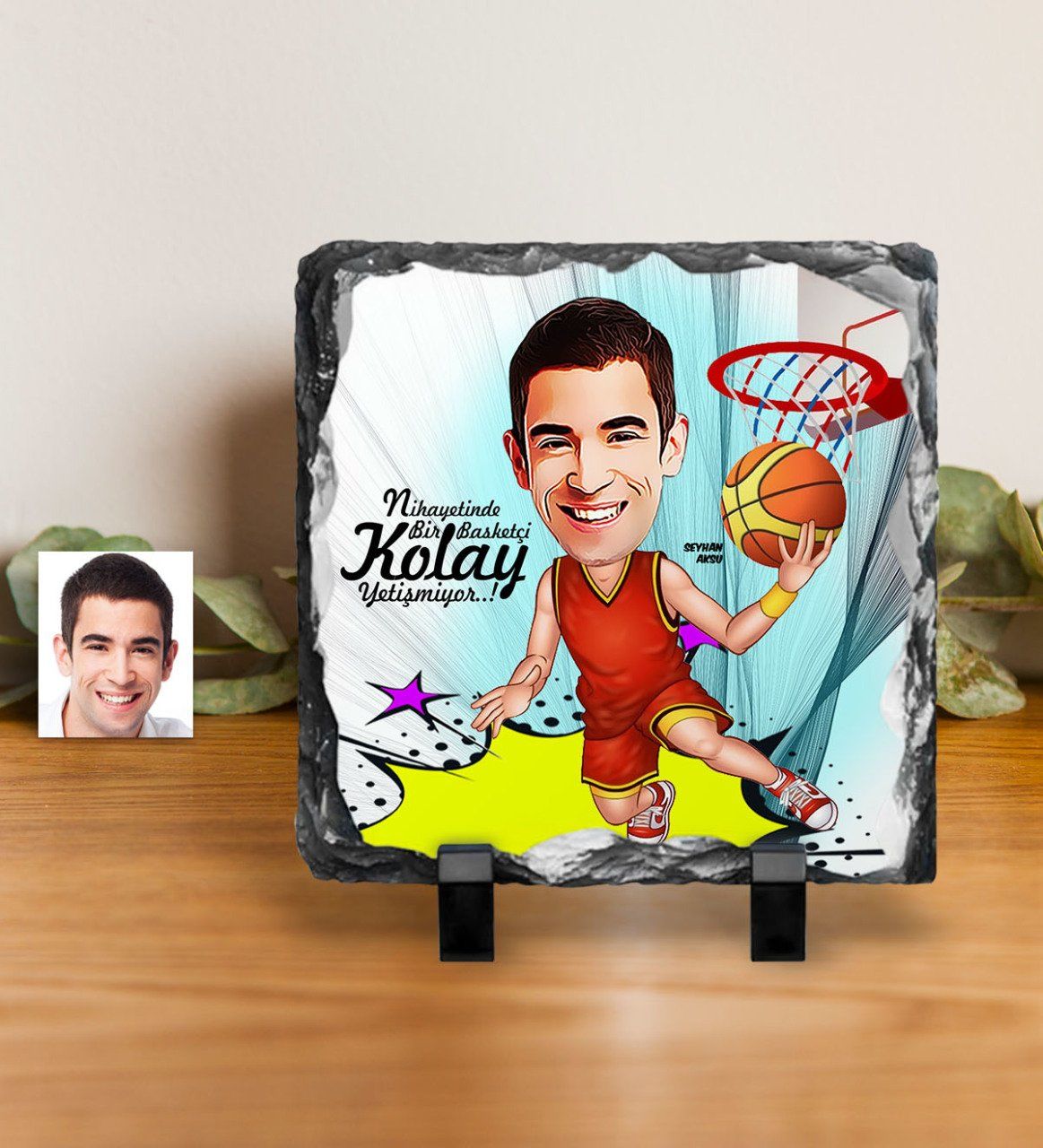 Kişiye Özel Bay Basketbolcu Karikatürlü Dekoratif Doğal Taş - 1