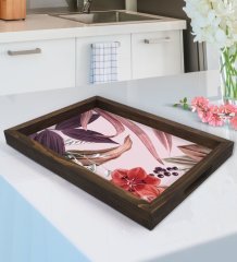 BK Gift Çiçekler Tasarımlı Doğal Ahşap Tepsi-3