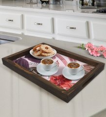 BK Gift Çiçekler Tasarımlı Doğal Ahşap Tepsi-3