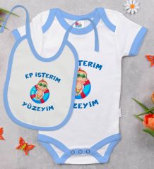 BK Kids Ep İsterim Tasarımlı Mavi Bebek Body Zıbın ve Mama Önlüğü Hediye Seti-4