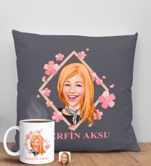 BK Gift Kişiye Özel Karikatürlü Anneler Günü Tasarımlı Antrasit Kırlent Yastık ve Kupa Seti, Anneye Hediye, Ev Dekorasyonu, Anneler Günü Hediyesi-4