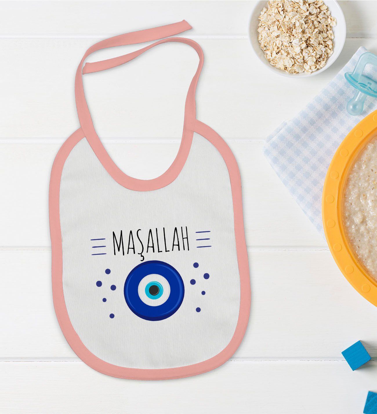 BK Kids Maşallah Tasarımlı Pembe Bebek Mama Önlüğü-1