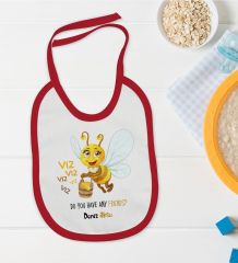 BK Kids Kişiye Özel Sevimli Arı Tasarımlı Kırmızı Bebek Mama Önlüğü-1