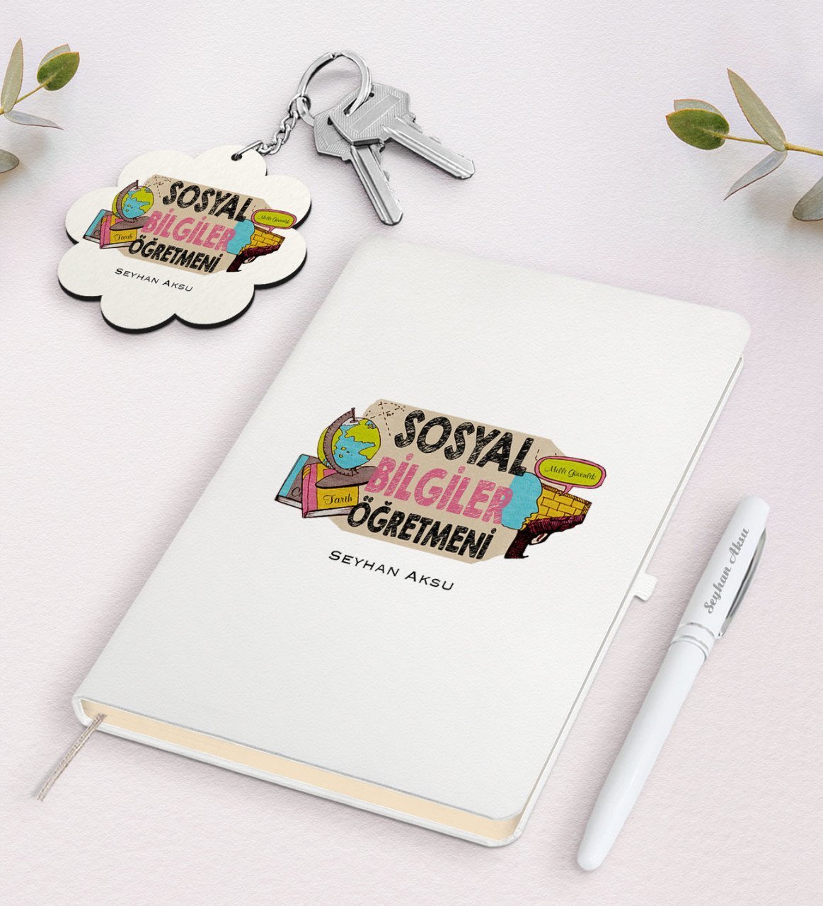 Kişiye Özel Sosyal Bilgiler Öğretmeni Beyaz Defter Kalem ve Anahtarlık Hediye Seti-3