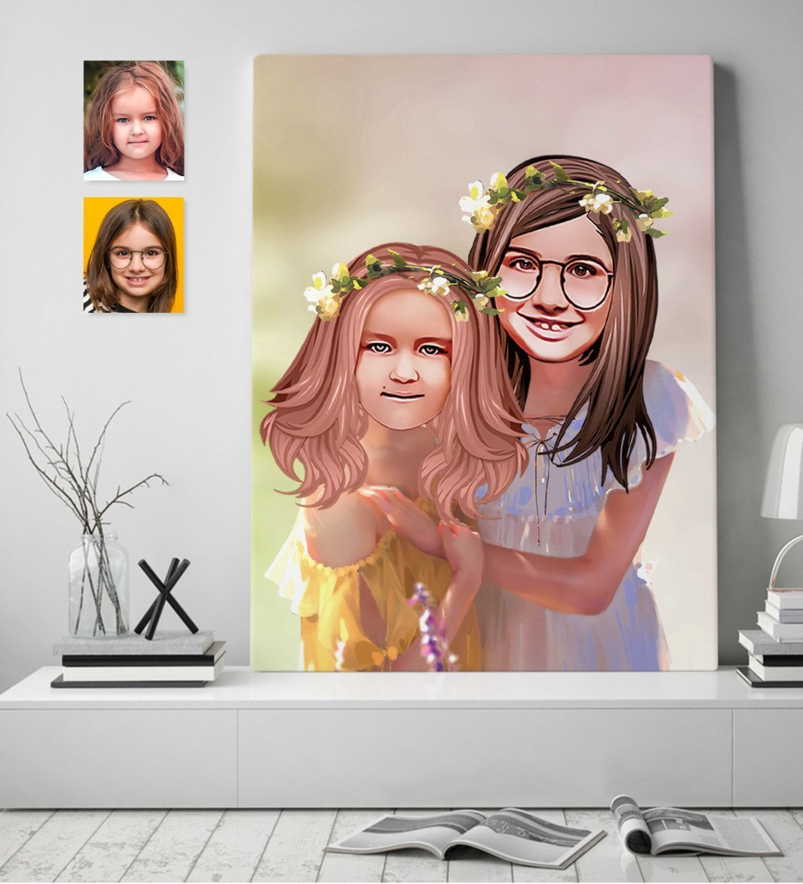 Kişiye Özel Kız Kardeşler Karikatürlü Kanvas Tablo 70x100cm-2