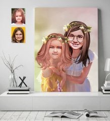 Kişiye Özel Kız Kardeşler Karikatürlü Kanvas Tablo 70x100cm-2