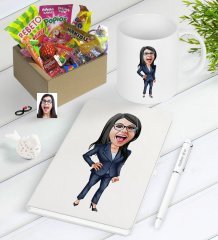Kişiye Özel Bayan Patron Karikatürlü Nostaljik Lezzetler Defter Kalem Kupa Hediye Seti-4