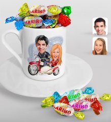 Kişiye Özel Sevgililer Karikatürlü Türk Kahvesi Fincanı ve Haribo Şeker Hediye Seti-12