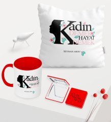 Kadınlar Gününe Özel Kırmızı Kupa Ayna Yastık Seti - 1