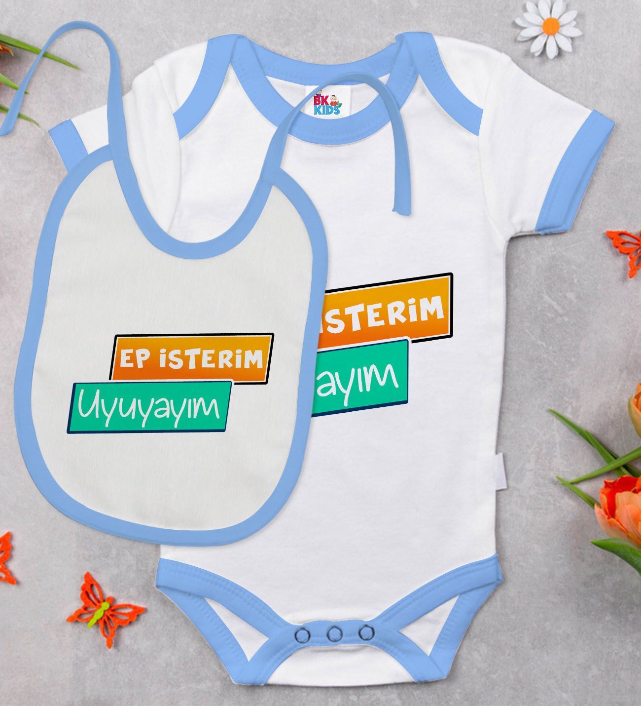 BK Kids Ep İsterim Tasarımlı Mavi Bebek Body Zıbın ve Mama Önlüğü Hediye Seti-3
