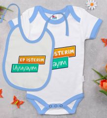 BK Kids Ep İsterim Tasarımlı Mavi Bebek Body Zıbın ve Mama Önlüğü Hediye Seti-3