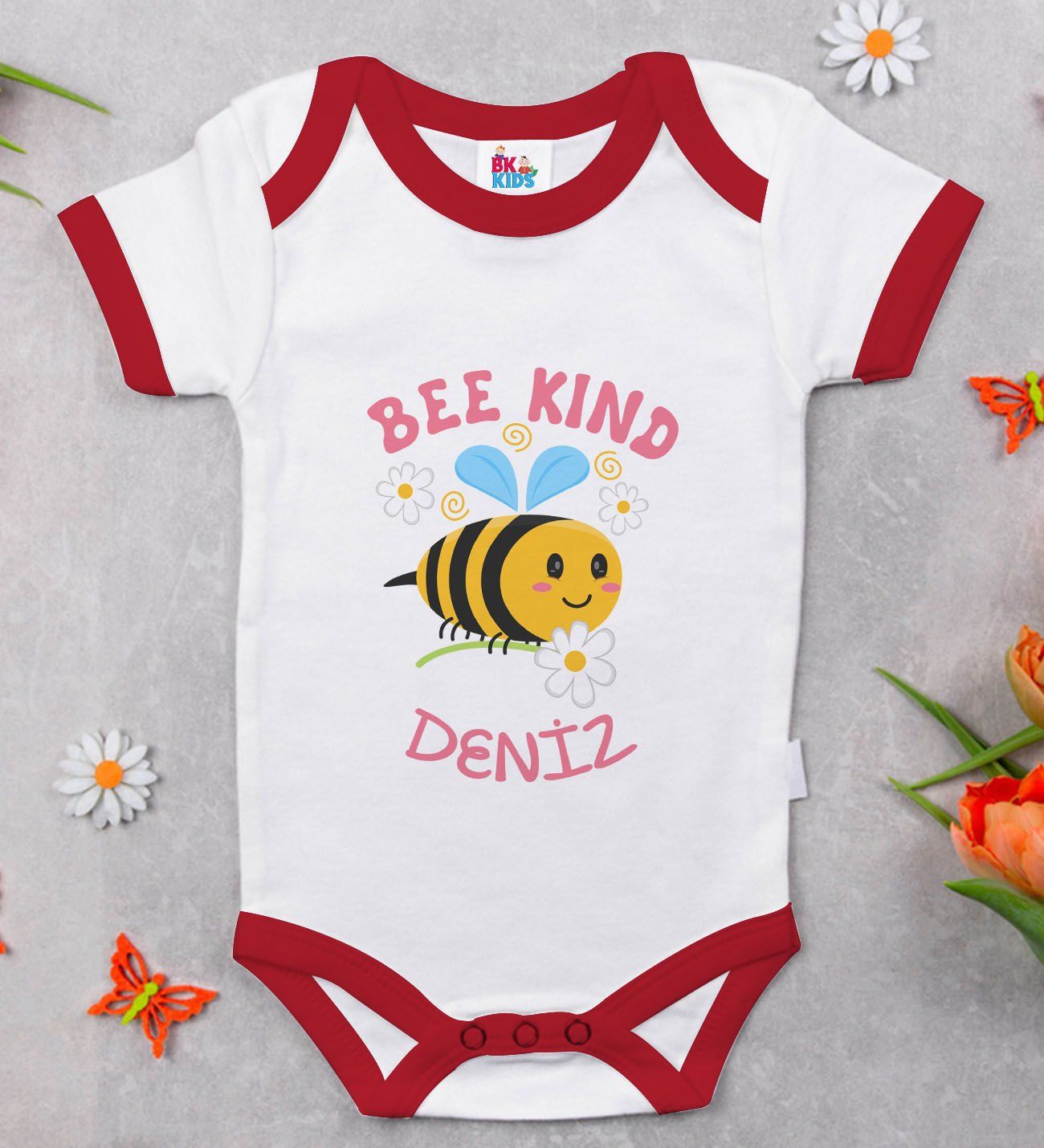 BK Kids Kişiye Özel Bee Kind Tasarımlı Kırmızı Bebek Body Zıbın-1