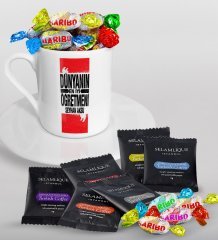 Kişiye Özel Dünyanın En İyi Öğretmeni Türk Kahvesi Fincanı Selamlique Karışık Türk Kahvesi ve Haribo Şeker Hediye Seti-1