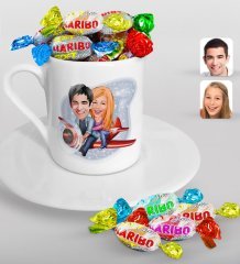 Kişiye Özel Sevgililer Karikatürlü Türk Kahvesi Fincanı ve Haribo Şeker Hediye Seti-11